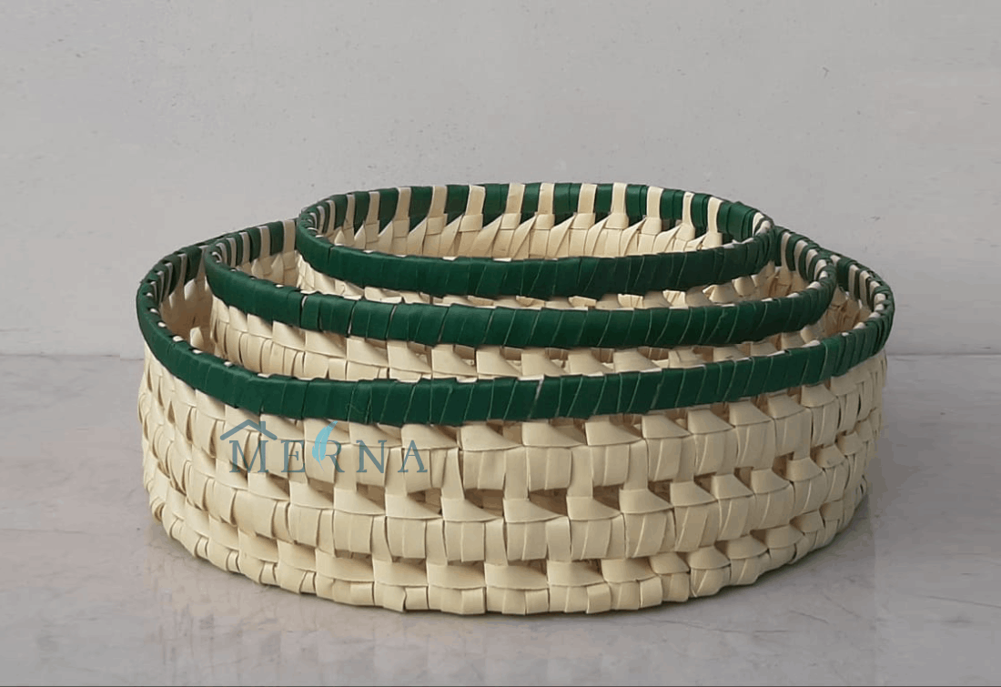Merna Handmade Palm Leaf Round Basket (Set of 3) (Green Border)