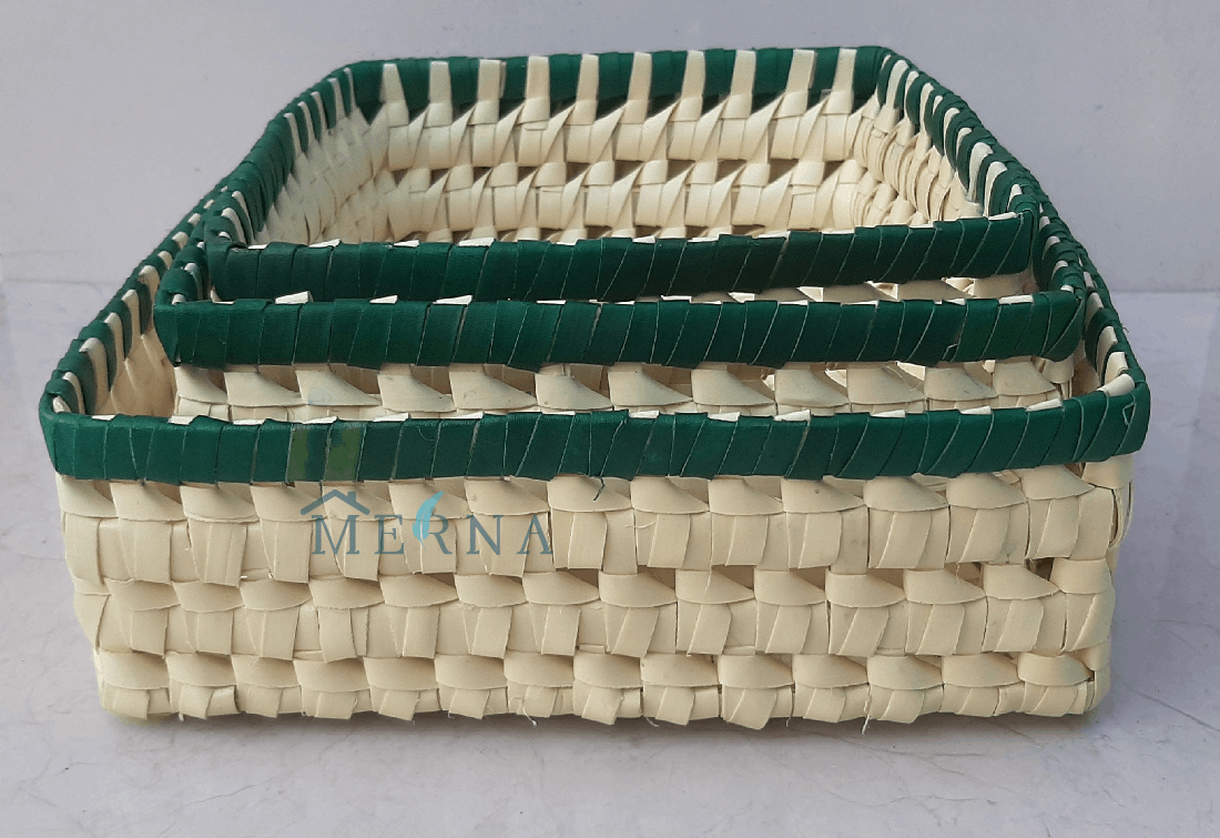 Merna Handmade Palm Leaf Square Basket (Set of 3) (Green Border)