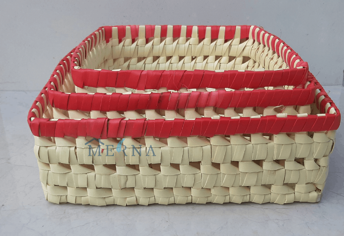 Merna Handmade Palm Leaf Square Basket (Set of 3) (Red Border)