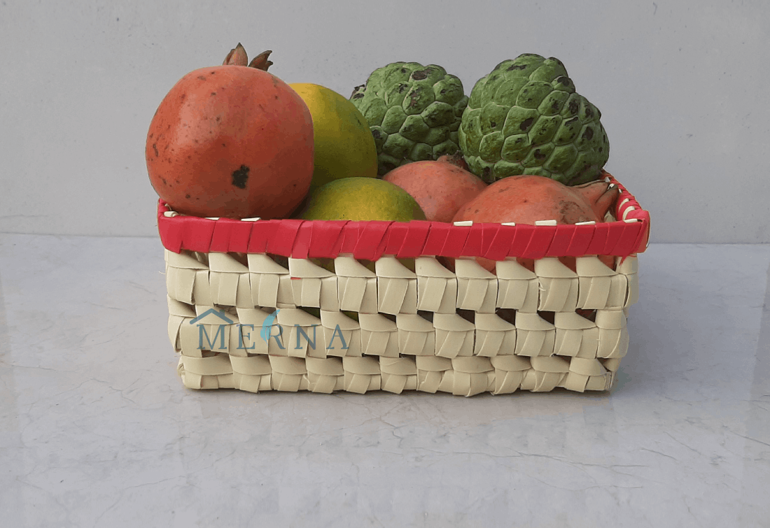 Merna Handmade Palm Leaf Small Square Basket (Red Border)