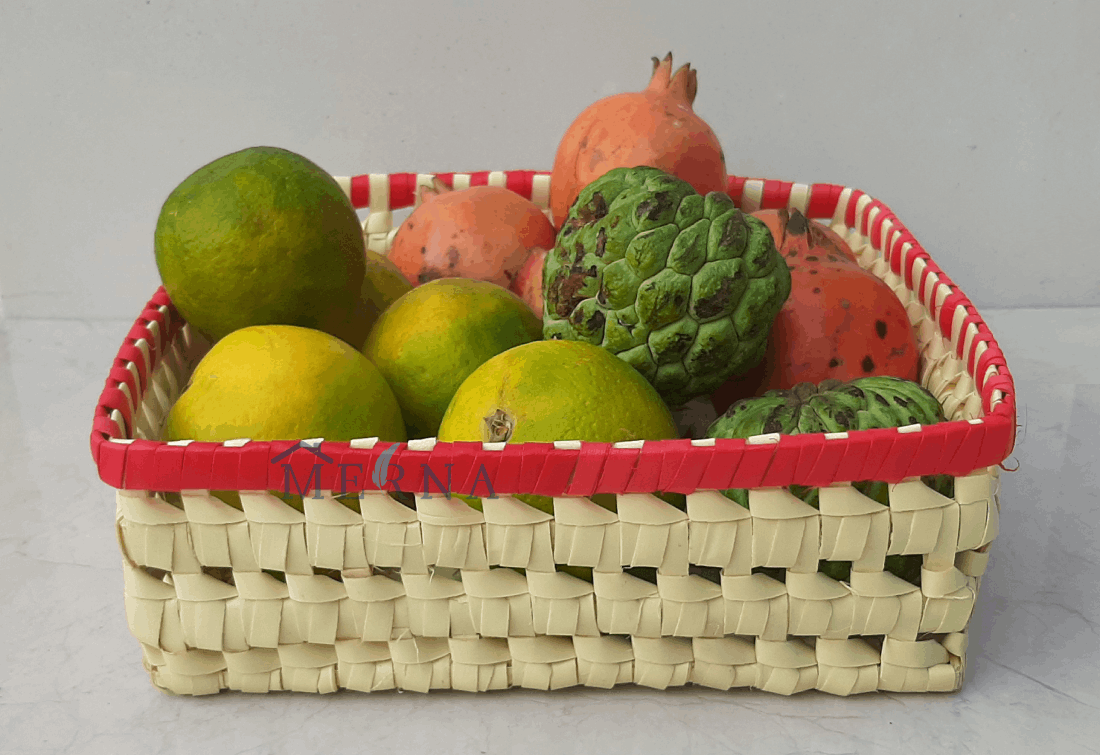 Merna Handmade Palm Leaf Large Square Basket (Red Border)
