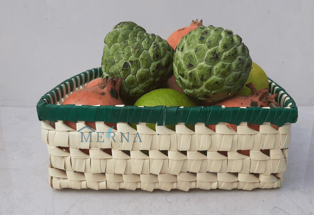 Merna Handmade Palm Leaf Medium Square Basket (Green Border)