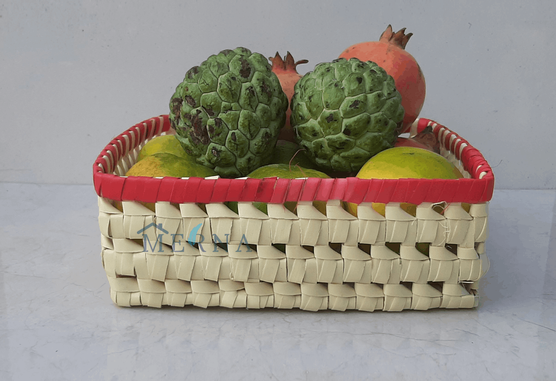 Merna Handmade Palm Leaf Medium Square Basket (Red Border)