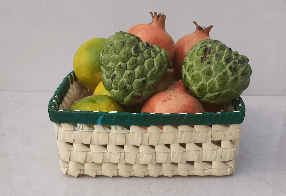 Merna Handmade Palm Leaf Small Square Basket (Green Border)