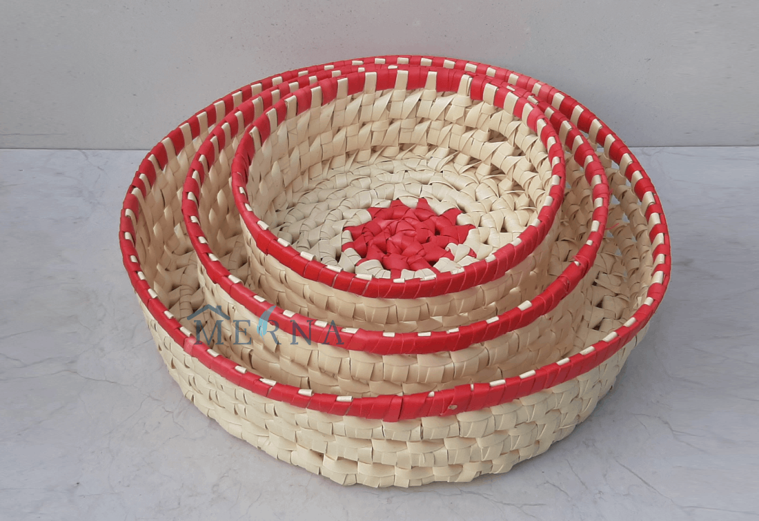 Merna Handmade Palm Leaf Round Basket (Set of 3) (Red Border)