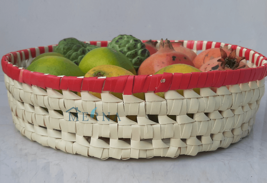 Merna Handmade Palm Leaf Large Round Basket (Red Border)