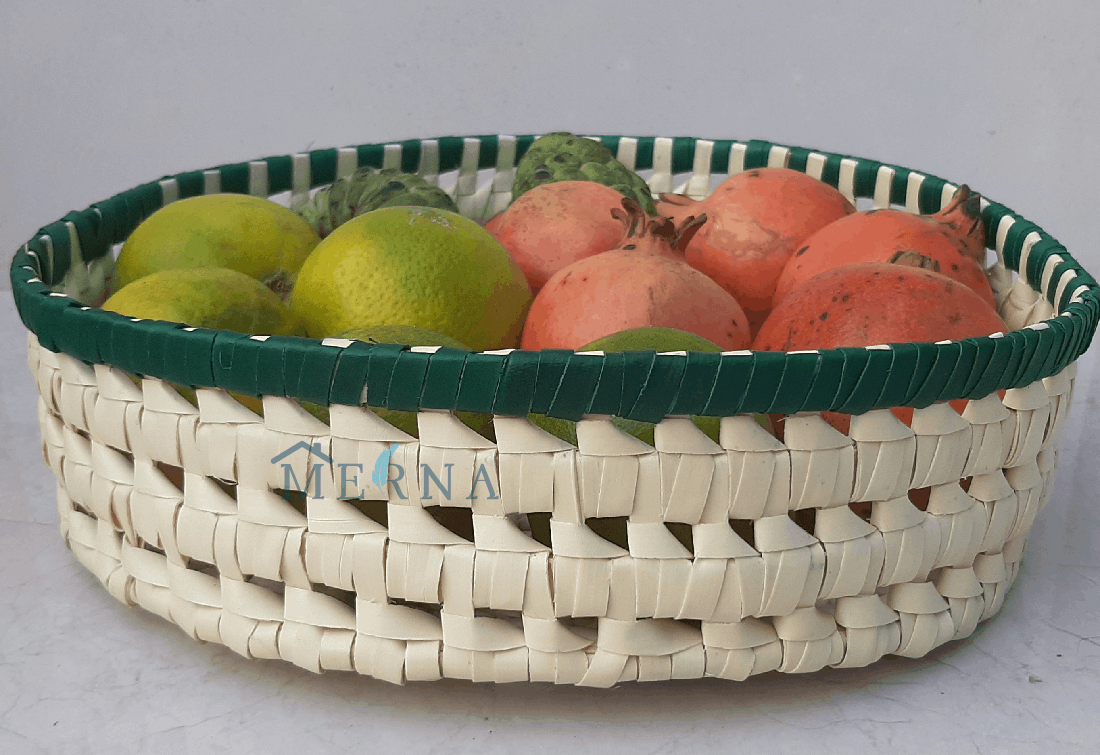 Merna Handmade Palm Leaf Large Round Basket (Green Border)