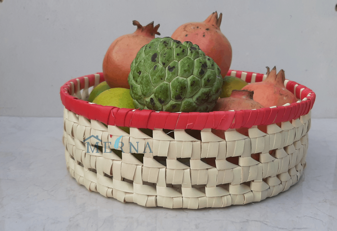 Merna Handmade Palm Leaf Medium Round Basket (Red Border)