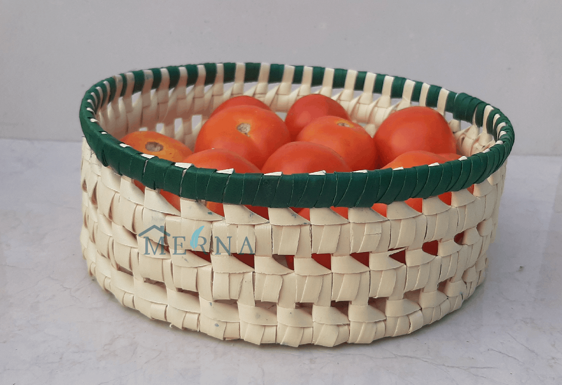 Merna Handmade Palm Leaf Medium Round Basket (Green Border)