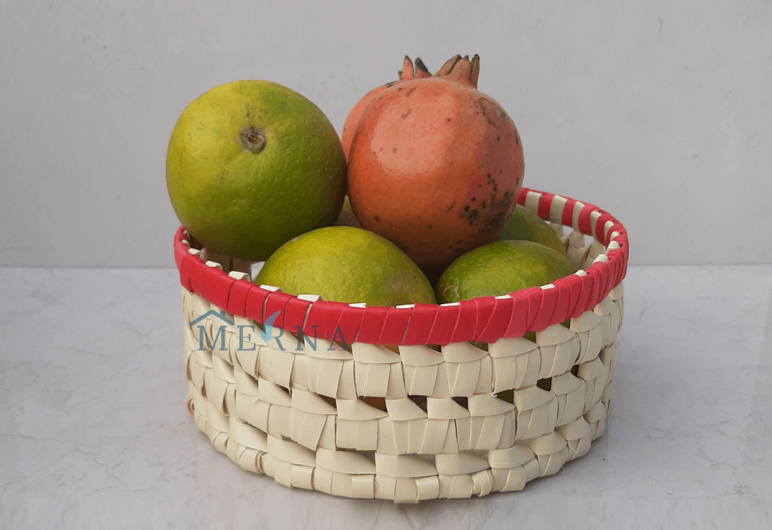 Merna Handmade Palm Leaf Small Round Basket (Red Border)