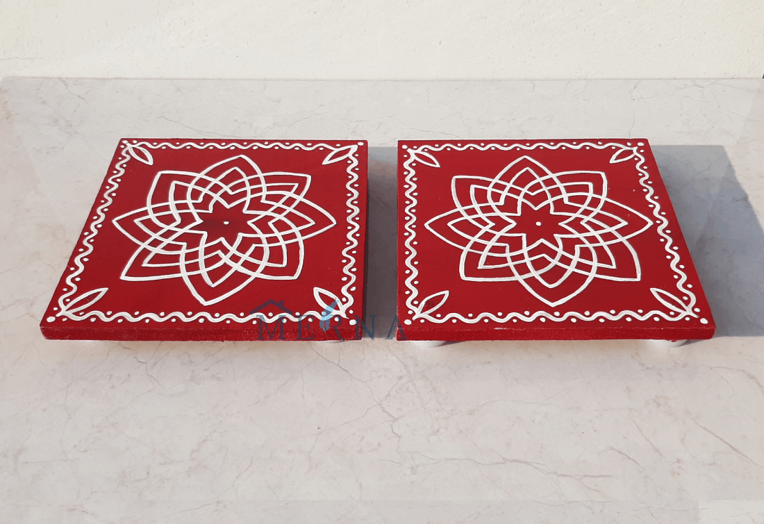 Merna Hand Painted Square Manai Pair (Dark Red)