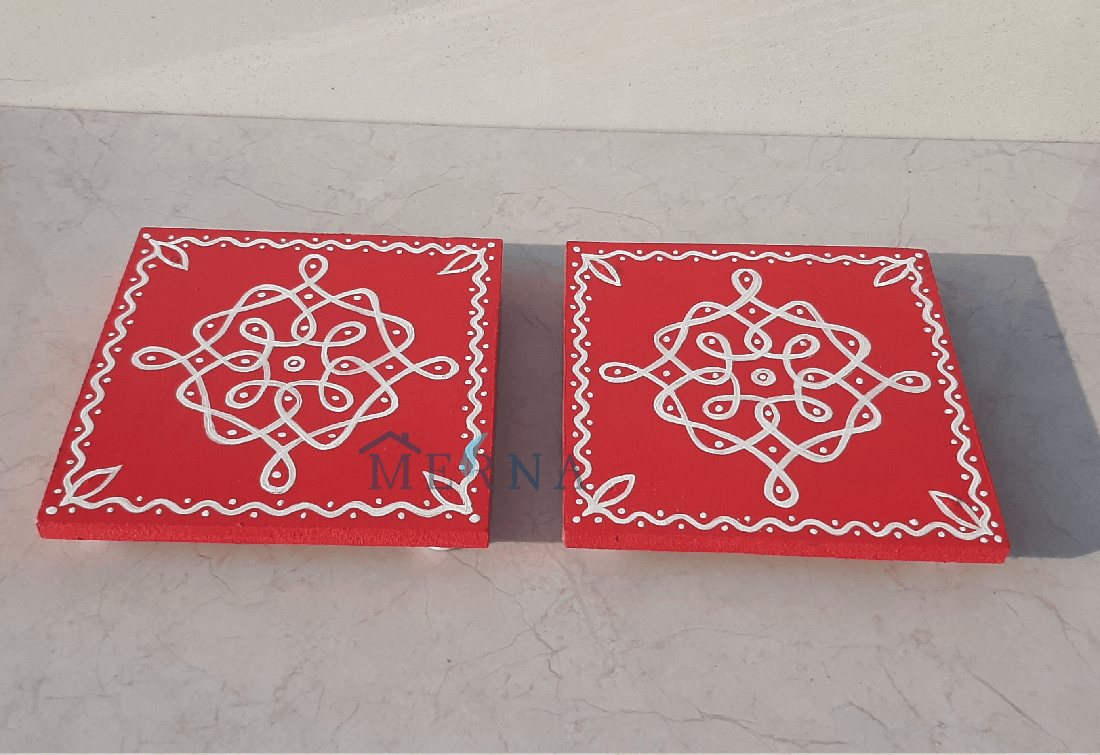 Merna Hand Painted Square Manai Pair (Red)
